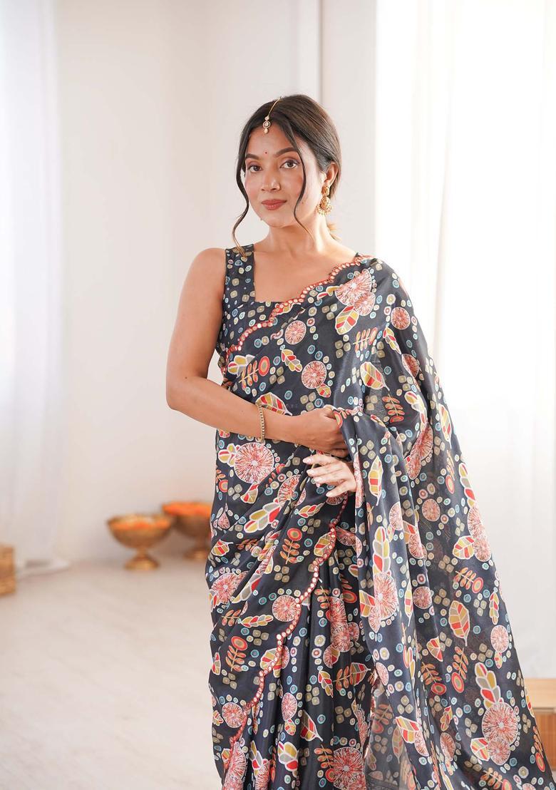 Black Floral Print Chinon Saree Set - Indya