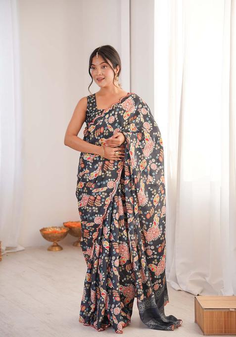 Black Floral Print Chinon Saree Set
