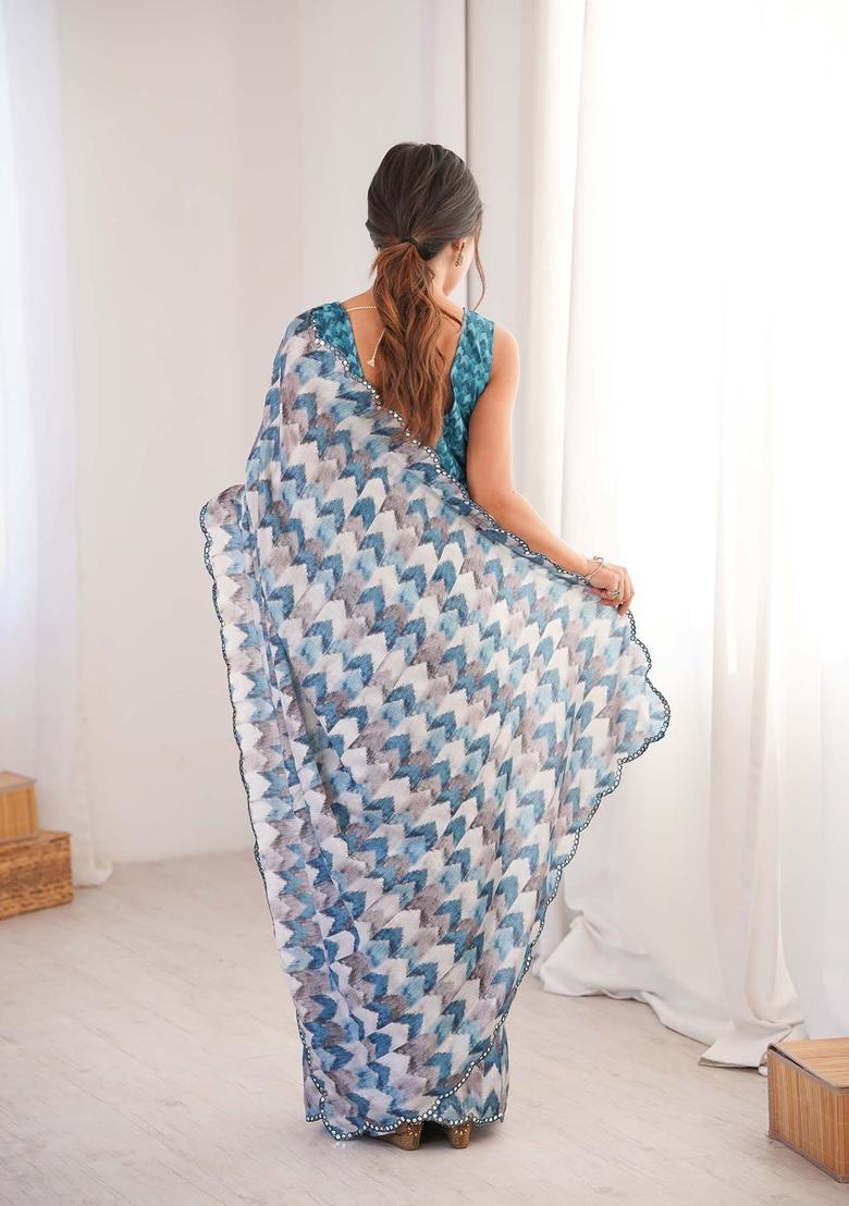 Multicolor Printed Chinon Saree Set - Indya