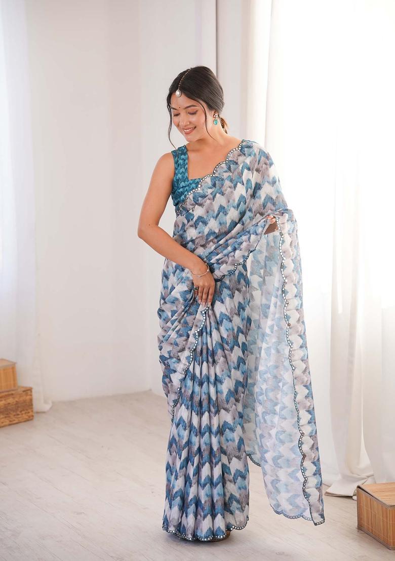 Multicolor Printed Chinon Saree Set - Indya