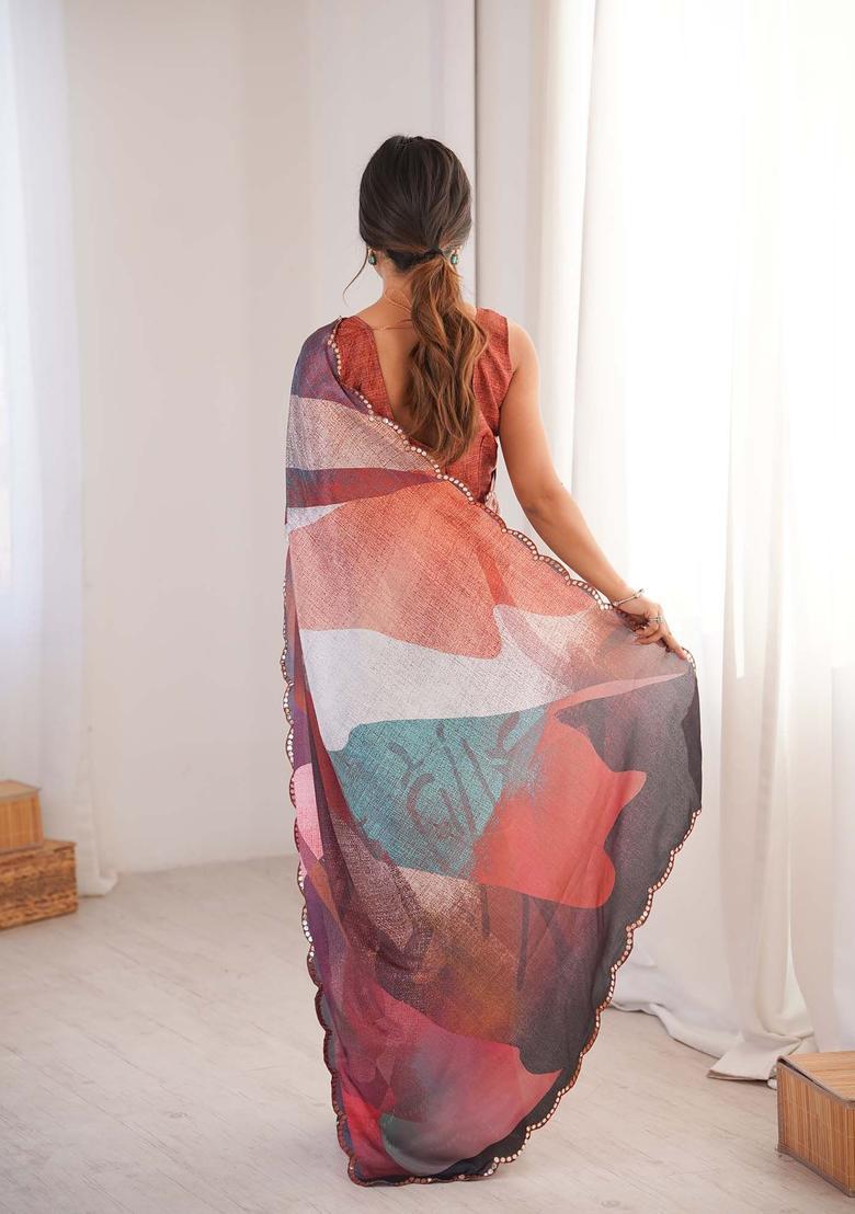 Multicolor Printed Chinon Saree Set - Indya