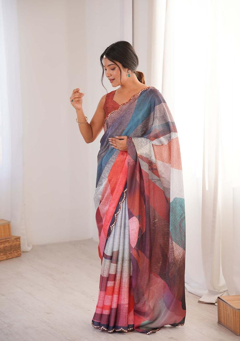 Multicolor Printed Chinon Saree Set - Indya
