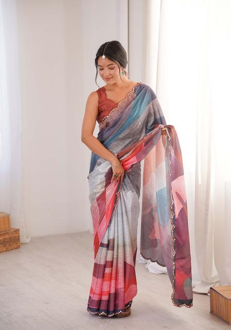 Multicolor Printed Chinon Saree Set