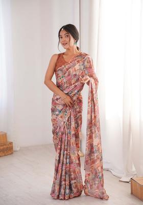 Multicolor Printed Chinon Saree Set