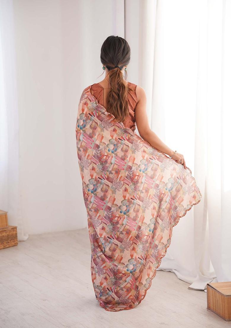 Multicolor Printed Chinon Saree Set - Indya