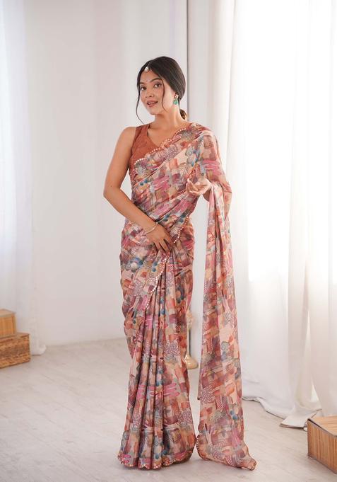 Multicolor Printed Chinon Saree Set