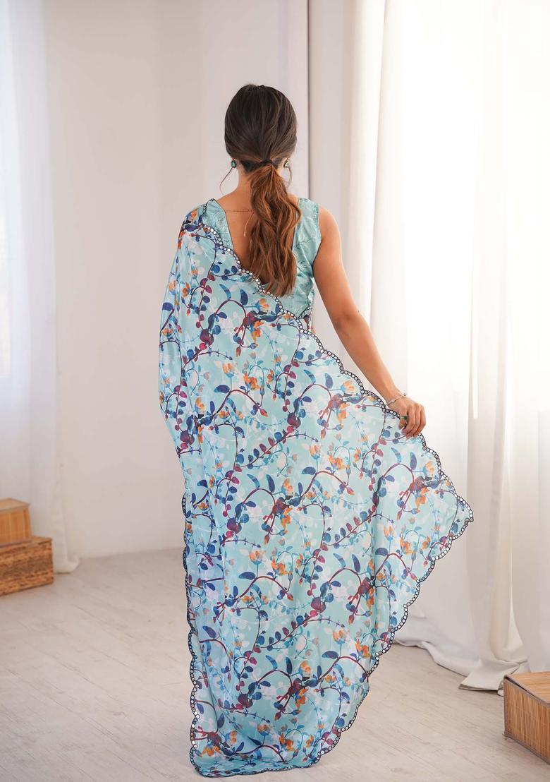 Blue Floral Print Chinon Saree Set - Indya