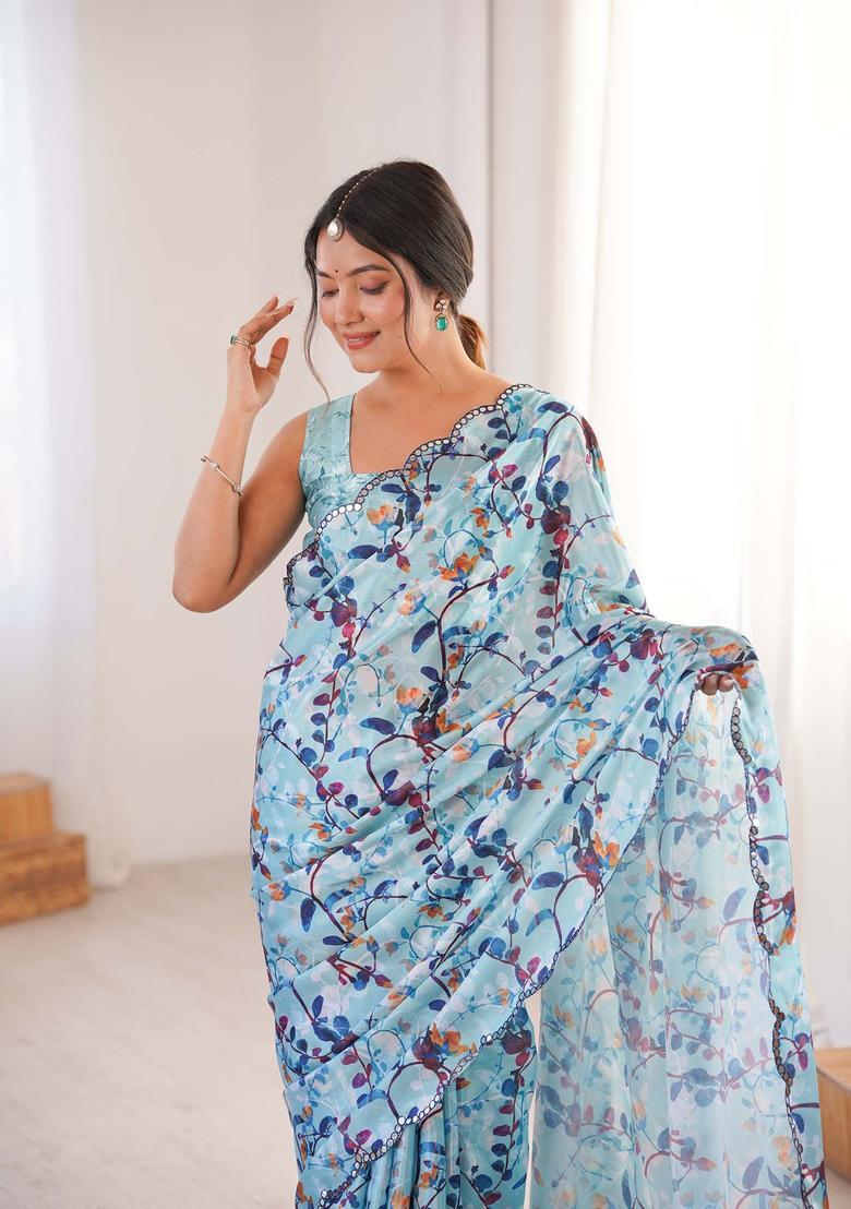 Blue Floral Print Chinon Saree Set - Indya