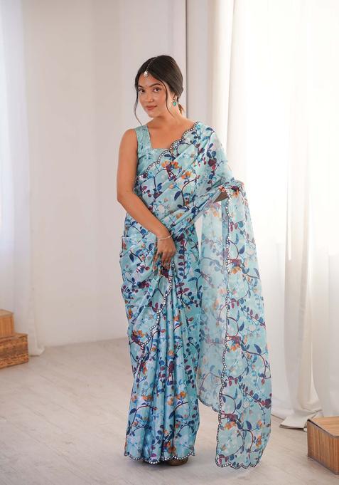 Blue Floral Print Chinon Saree Set