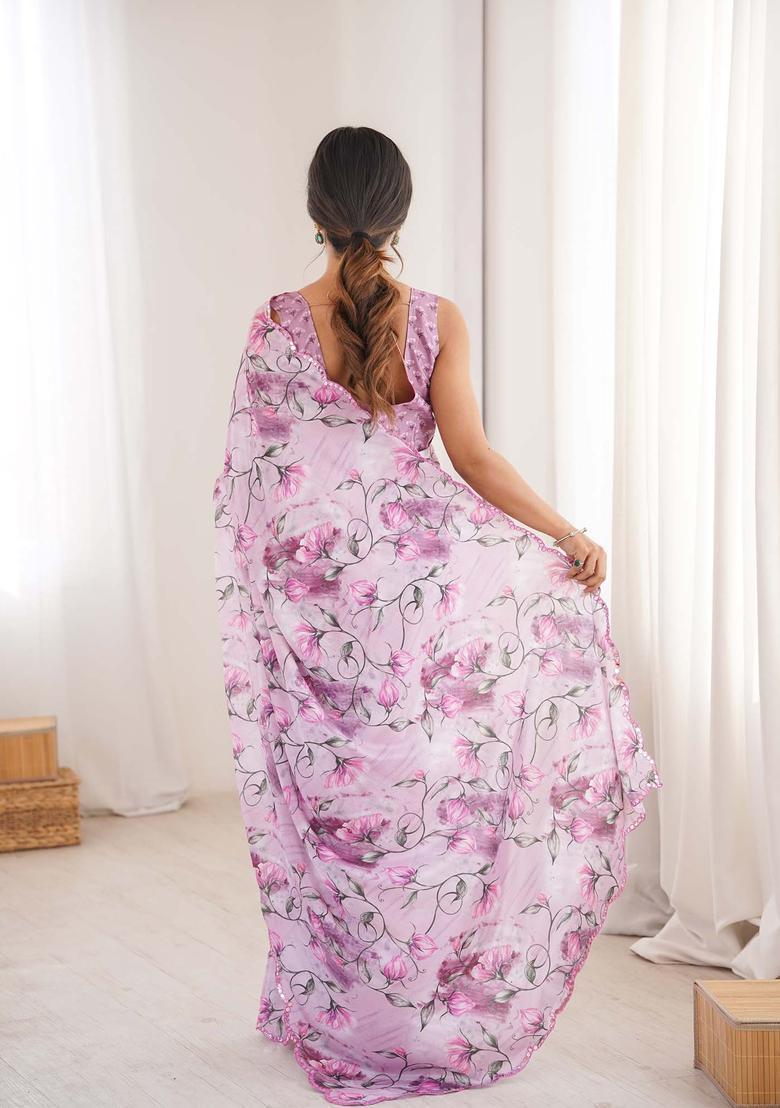 Lavender Floral Print Chinon Saree Set - Indya