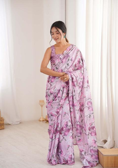 Lavender Floral Print Chinon Saree Set