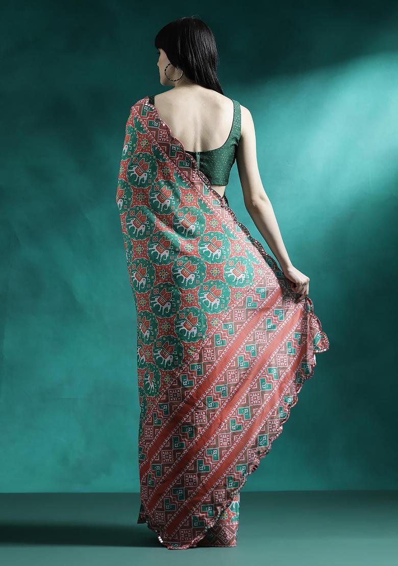 Emerald Green Printed Georgette Saree Set - Indya