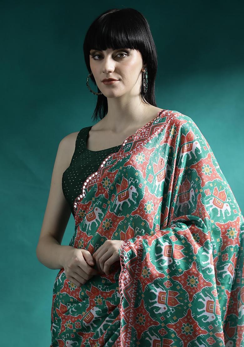 Emerald Green Printed Georgette Saree Set - Indya