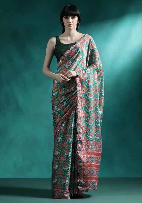 Emerald Green Printed Georgette Saree Set