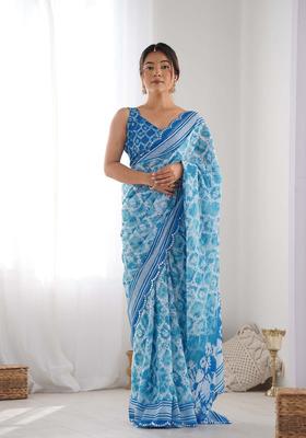 Blue Printed Chinon Saree Set