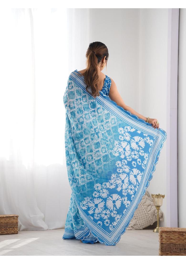 Blue Printed Chinon Saree Set - Indya