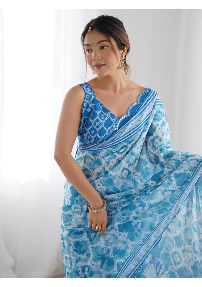 Blue Printed Chinon Saree Set - Indya