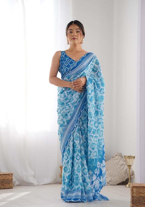 Blue Printed Chinon Saree Set