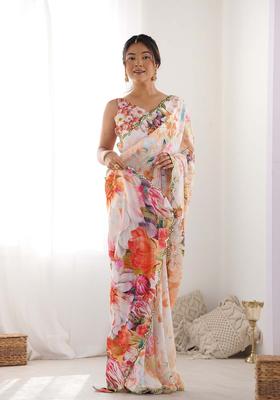Multicolor Printed Chinon Saree Set