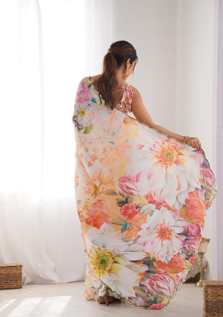Multicolor Printed Chinon Saree Set - Indya
