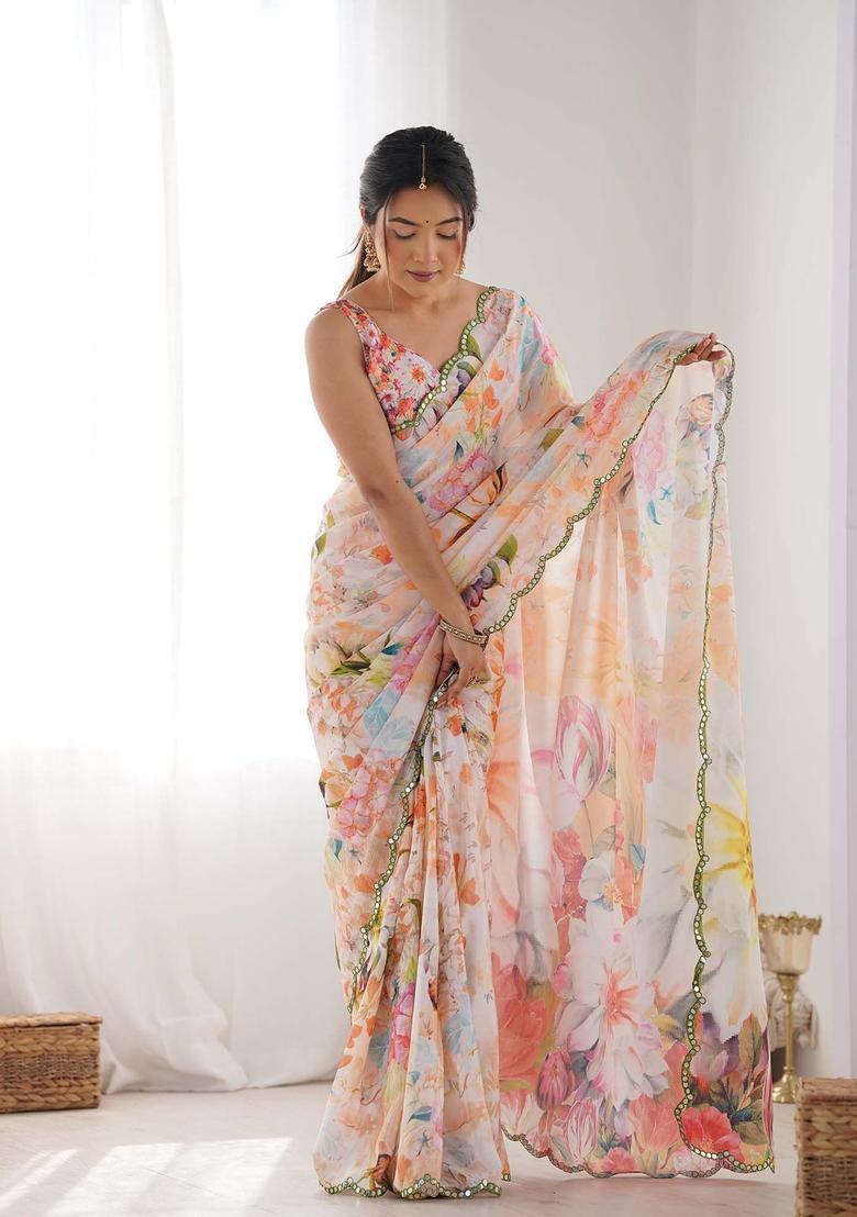 Multicolor Printed Chinon Saree Set - Indya