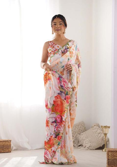 Multicolor Printed Chinon Saree Set