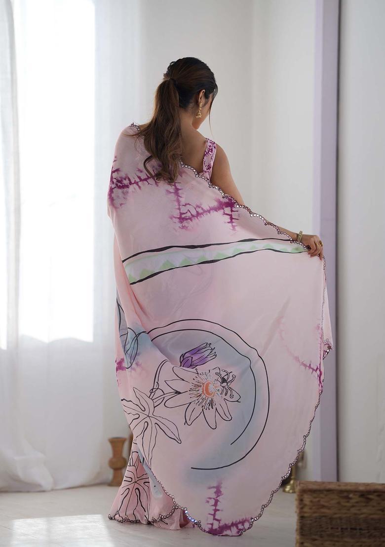 Pink Printed Chinon Saree Set - Indya