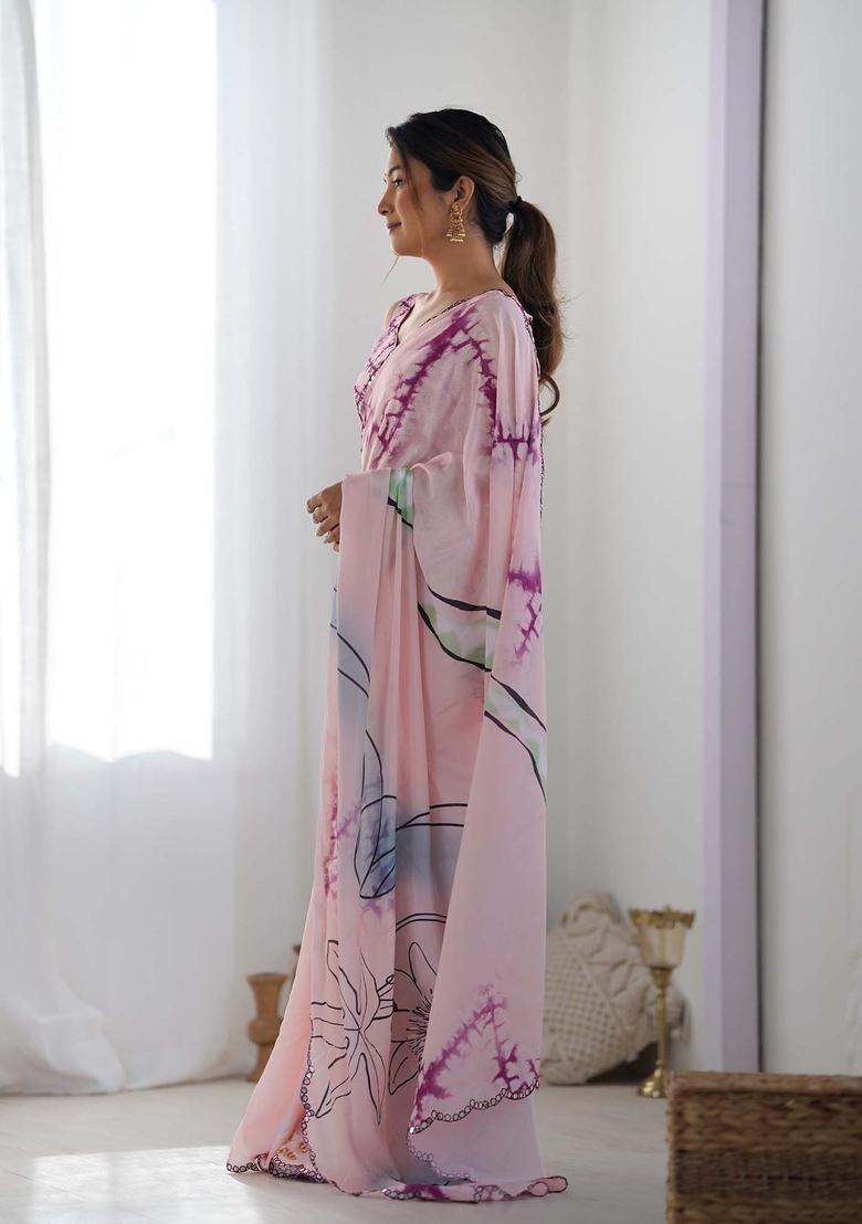 Pink Printed Chinon Saree Set - Indya