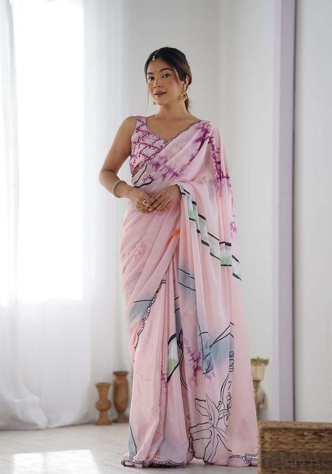 Pink Printed Chinon Saree Set
