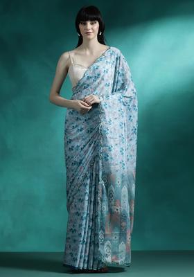 Powder Blue Printed Georgette Saree Set