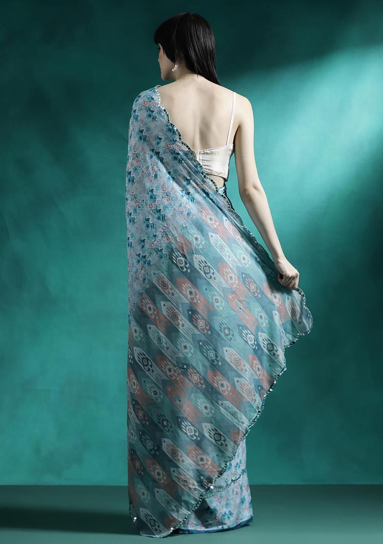 Powder Blue Printed Georgette Saree Set - Indya