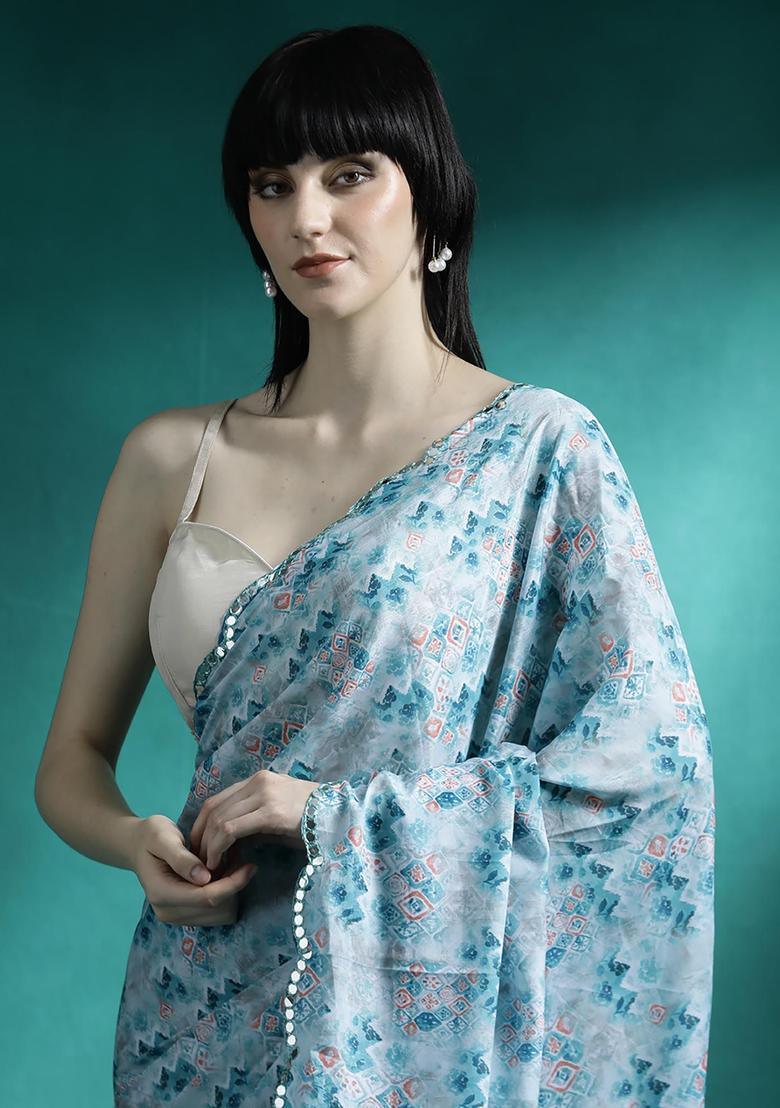 Powder Blue Printed Georgette Saree Set - Indya