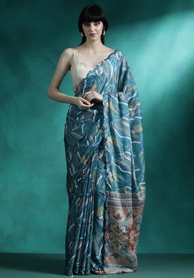 Slate Blue Printed Georgette Saree Set