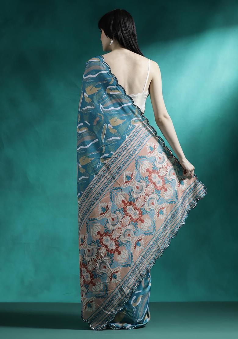 Slate Blue Printed Georgette Saree Set - Indya