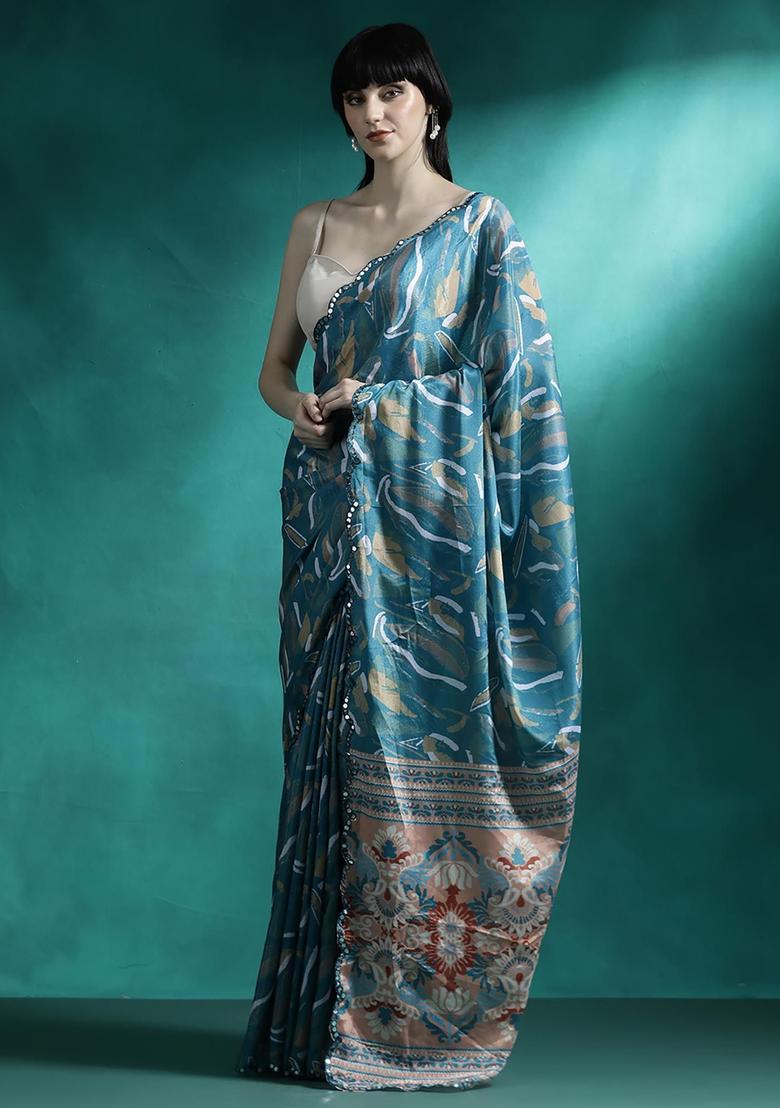 Slate Blue Printed Georgette Saree Set - Indya