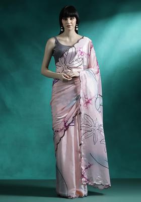 Blush Pink Floral Print Georgette Saree Set