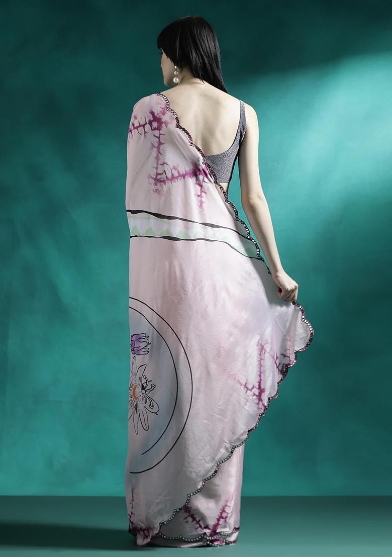 Blush Pink Floral Print Georgette Saree Set - Indya
