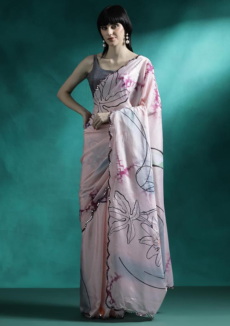 Blush Pink Floral Print Georgette Saree Set - Indya