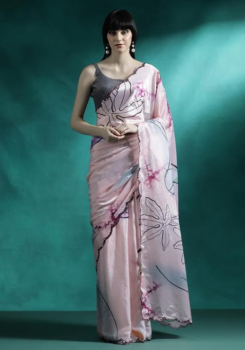 Blush Pink Floral Print Georgette Saree Set