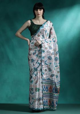 Off White Floral Print Georgette Saree Set