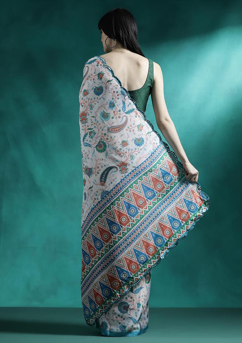 Off White Floral Print Georgette Saree Set - Indya