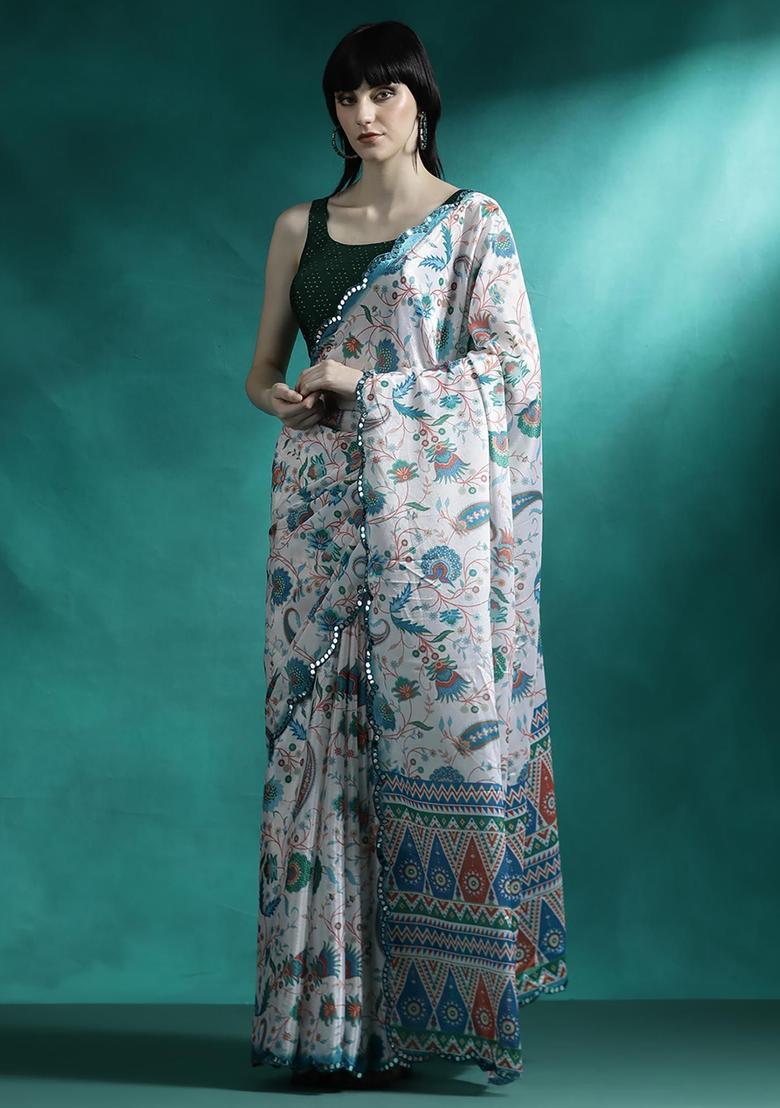 Off White Floral Print Georgette Saree Set - Indya