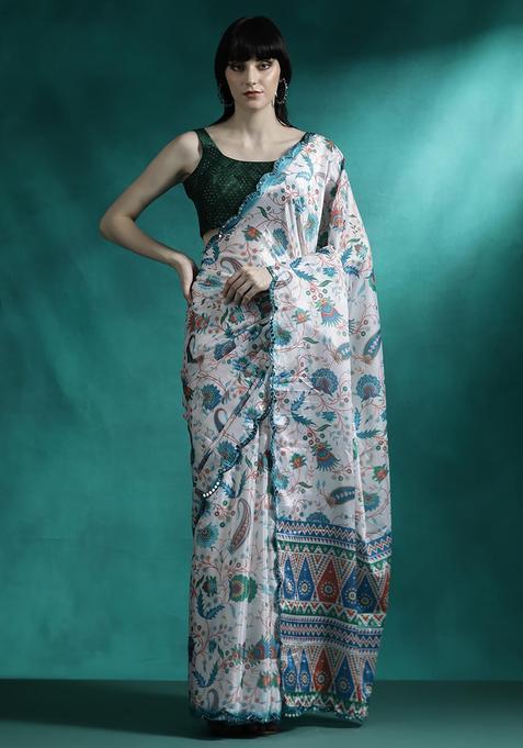 Off White Floral Print Georgette Saree Set