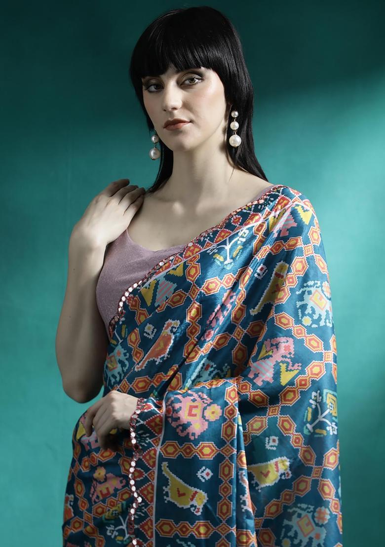 Multicolor Printed Georgette Saree Set - Indya