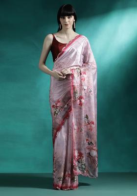 Blush Pink Floral Print Georgette Saree Set