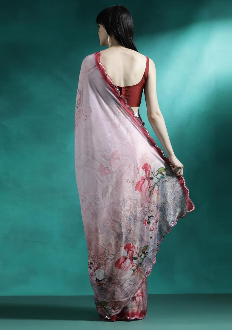 Blush Pink Floral Print Georgette Saree Set - Indya