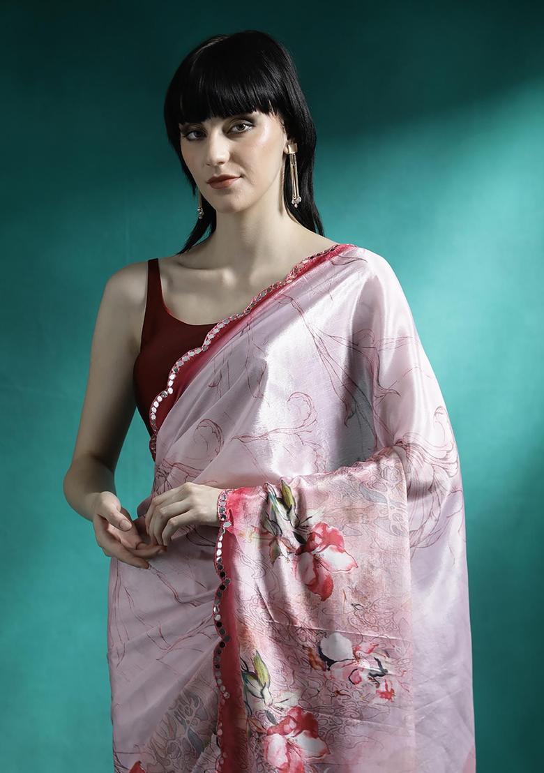 Blush Pink Floral Print Georgette Saree Set - Indya