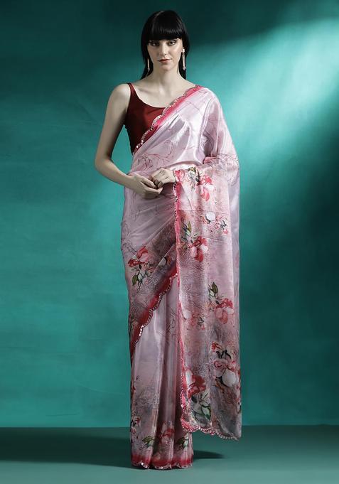 Blush Pink Floral Print Georgette Saree Set