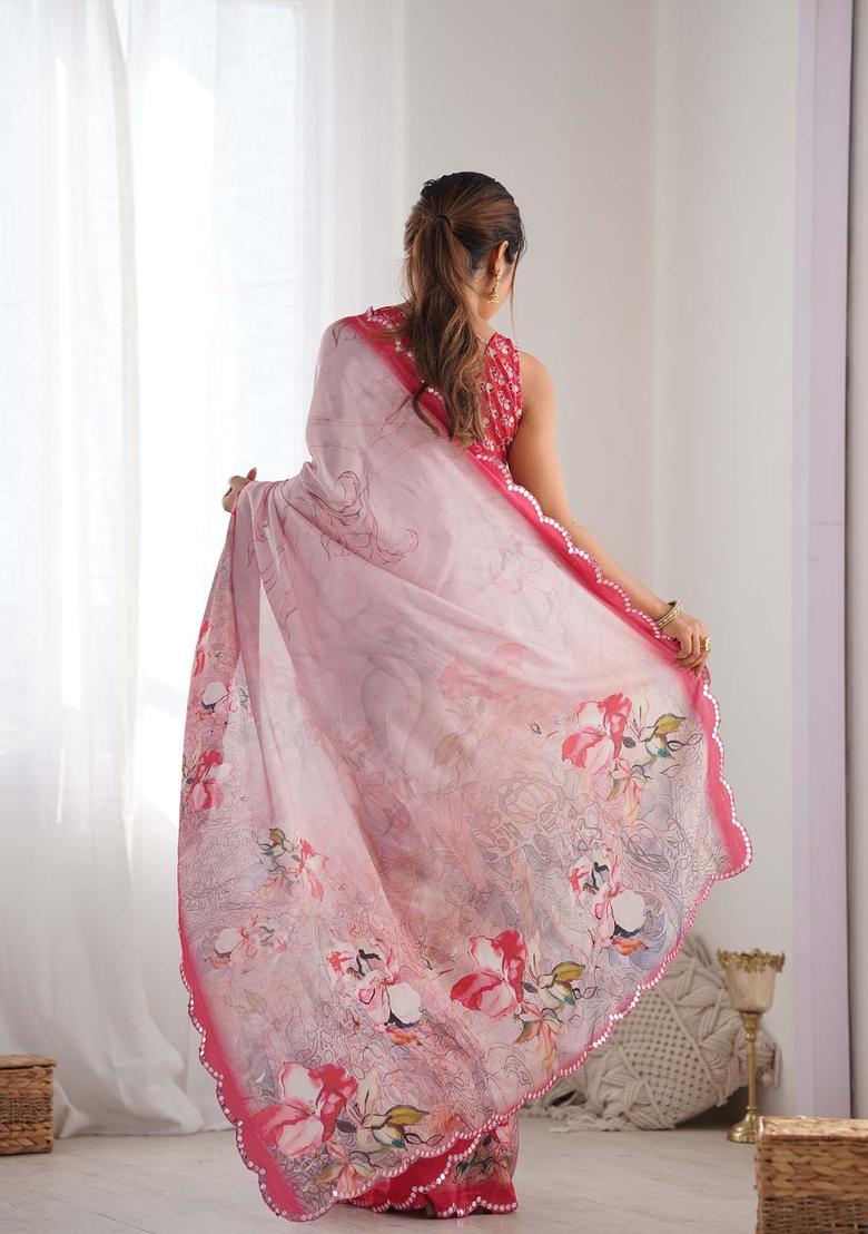 Pink Printed Chinon Saree Set - Indya