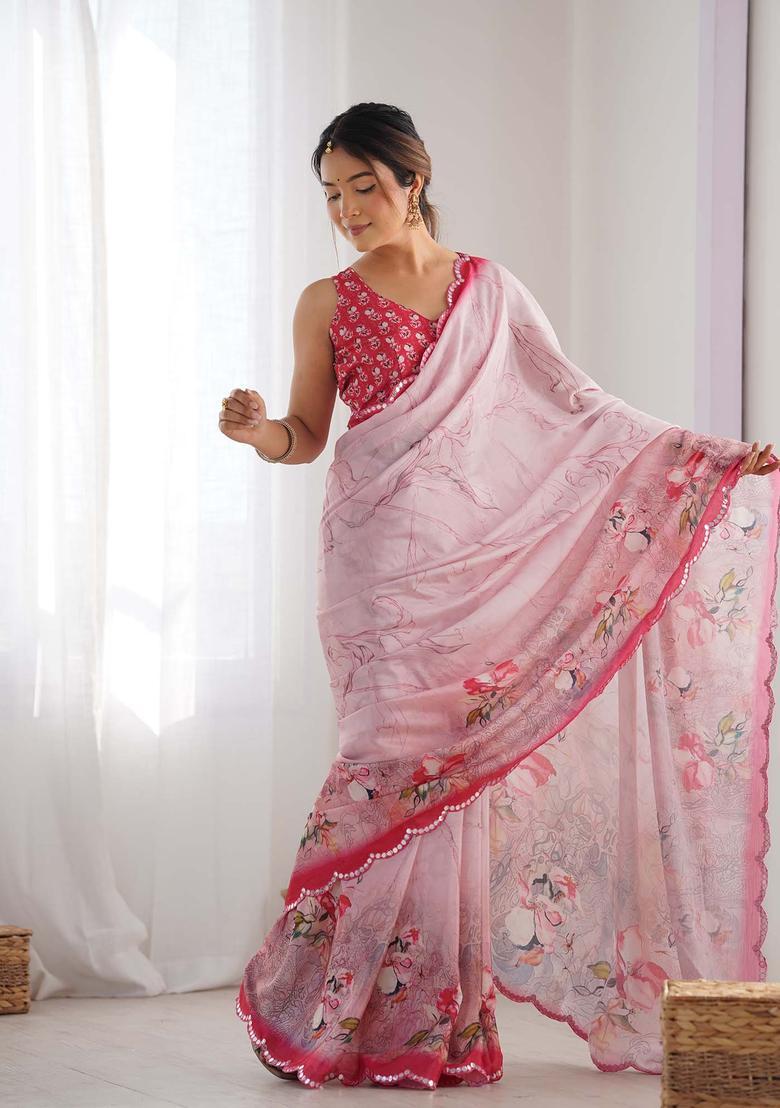 Pink Printed Chinon Saree Set - Indya